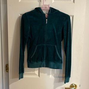 Juicy Couture Velour Zipped Hoodie in Dark Teal, Size Medium